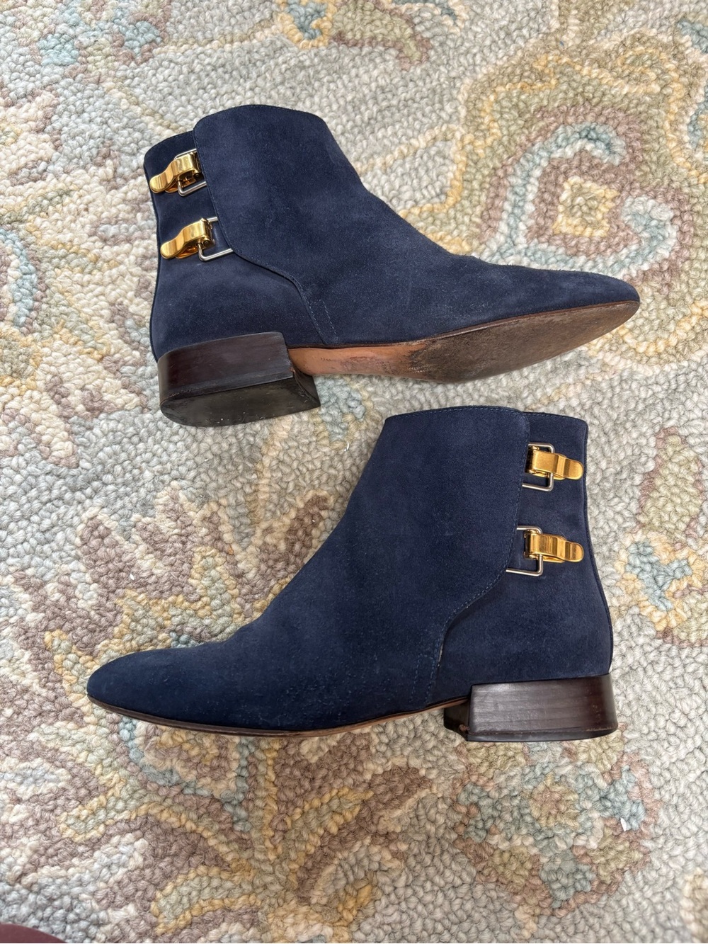 Chloe Navy Suede Ankle Booties with Gold Buckle Detail